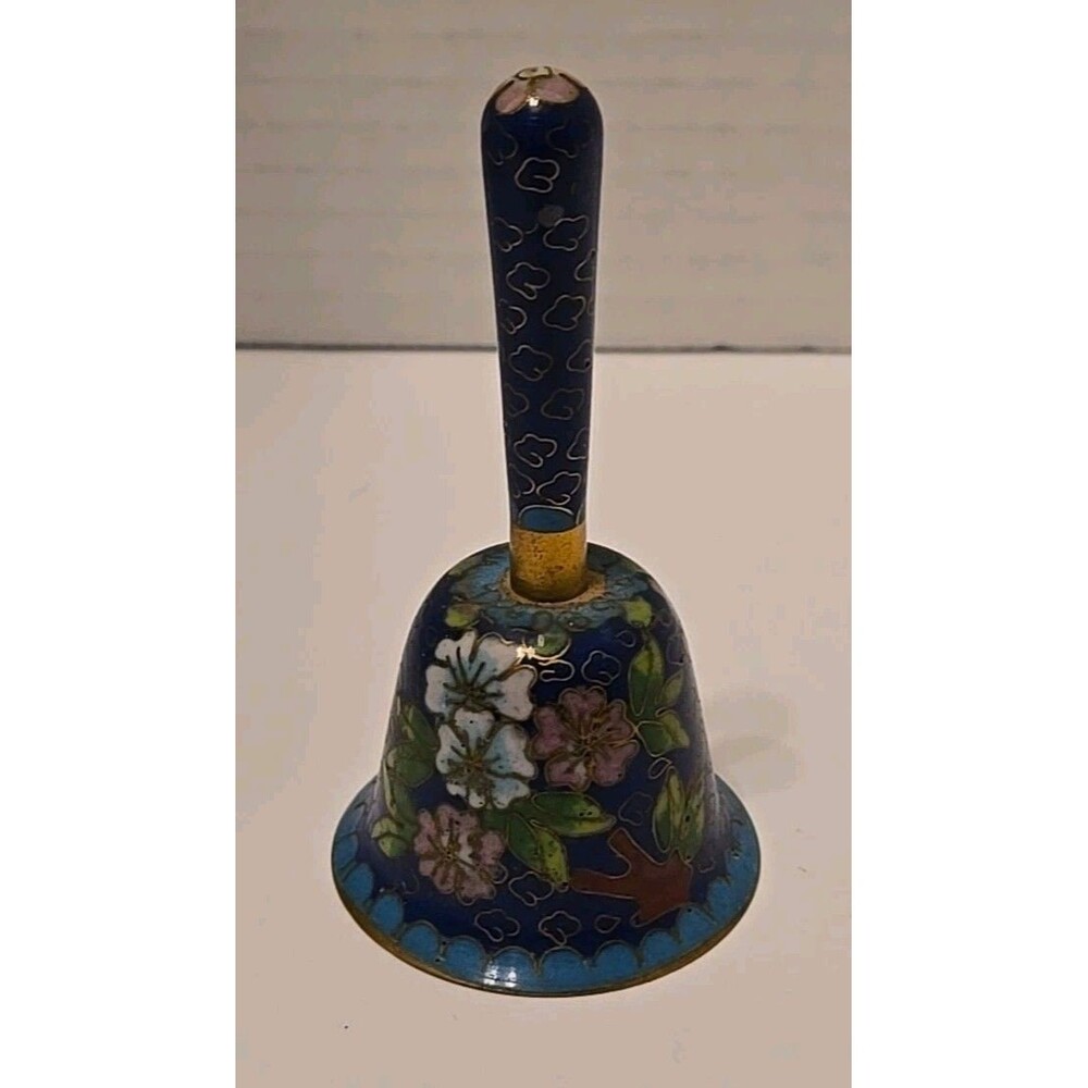 Vintage Blue Floral Enamel Brass Cloisonné Bell  3.5” Chinese Metal